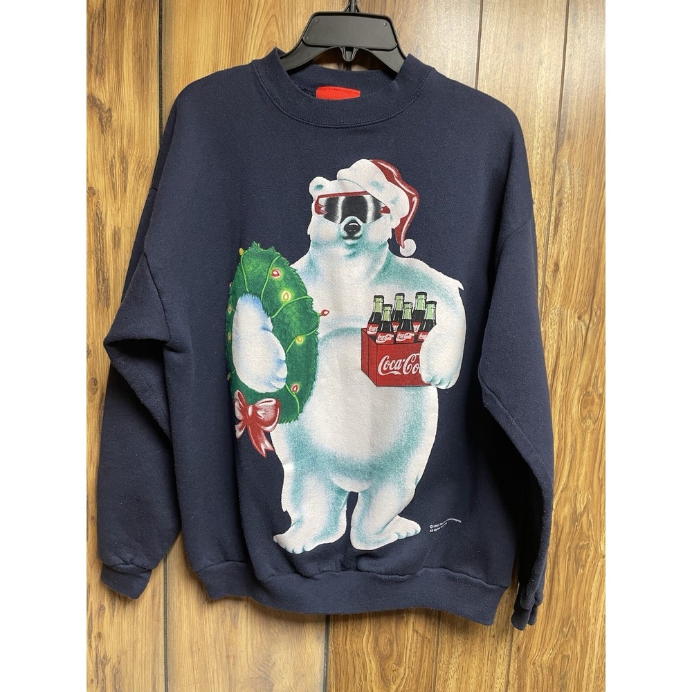 Vintage Coke Coca-Cola Polar Bear‎ Wreath Sweatshirt 1995 Large Navy Blue Soda